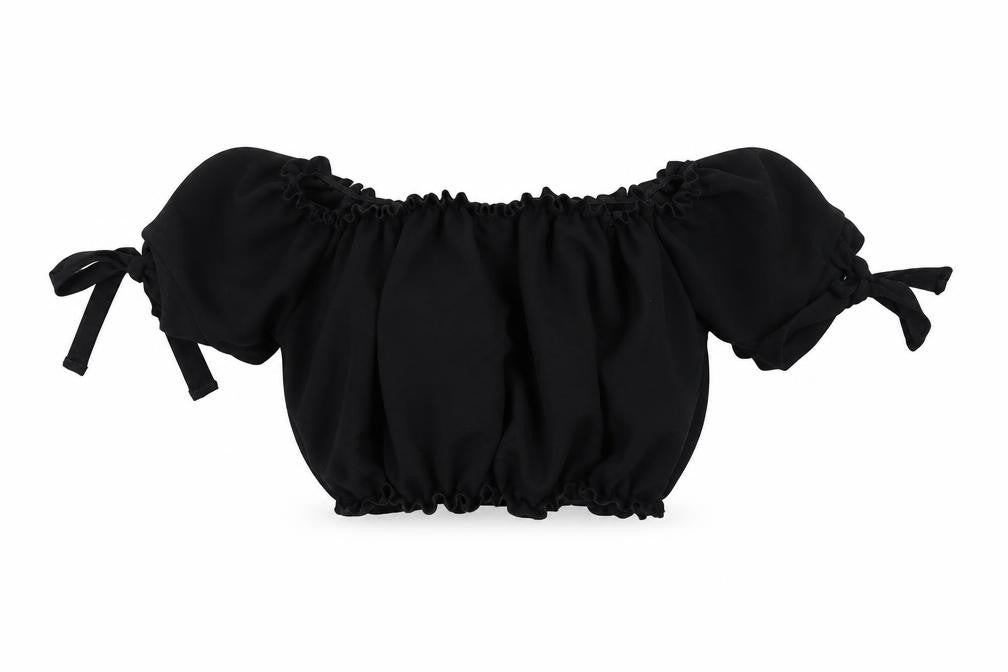 Front view of New Look women’s black polyester cropped blouse, size UK 6, off the shoulder