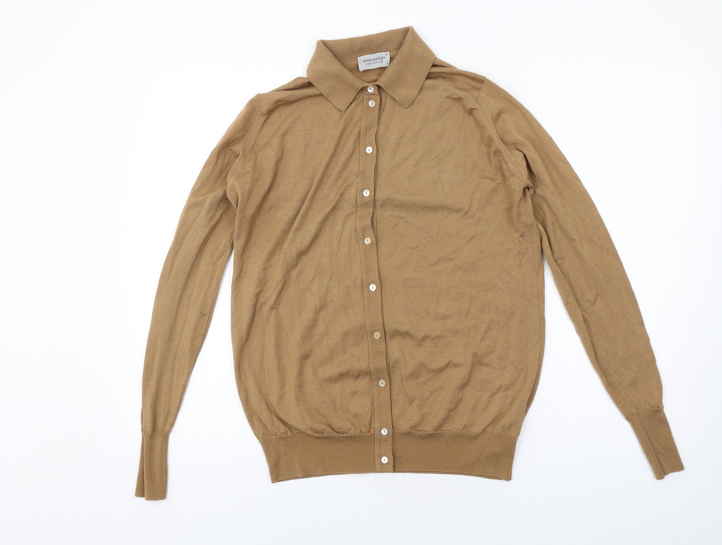 John Smedley Mens Brown Collared Wool Cardigan Jumper Size S Long Sleeve