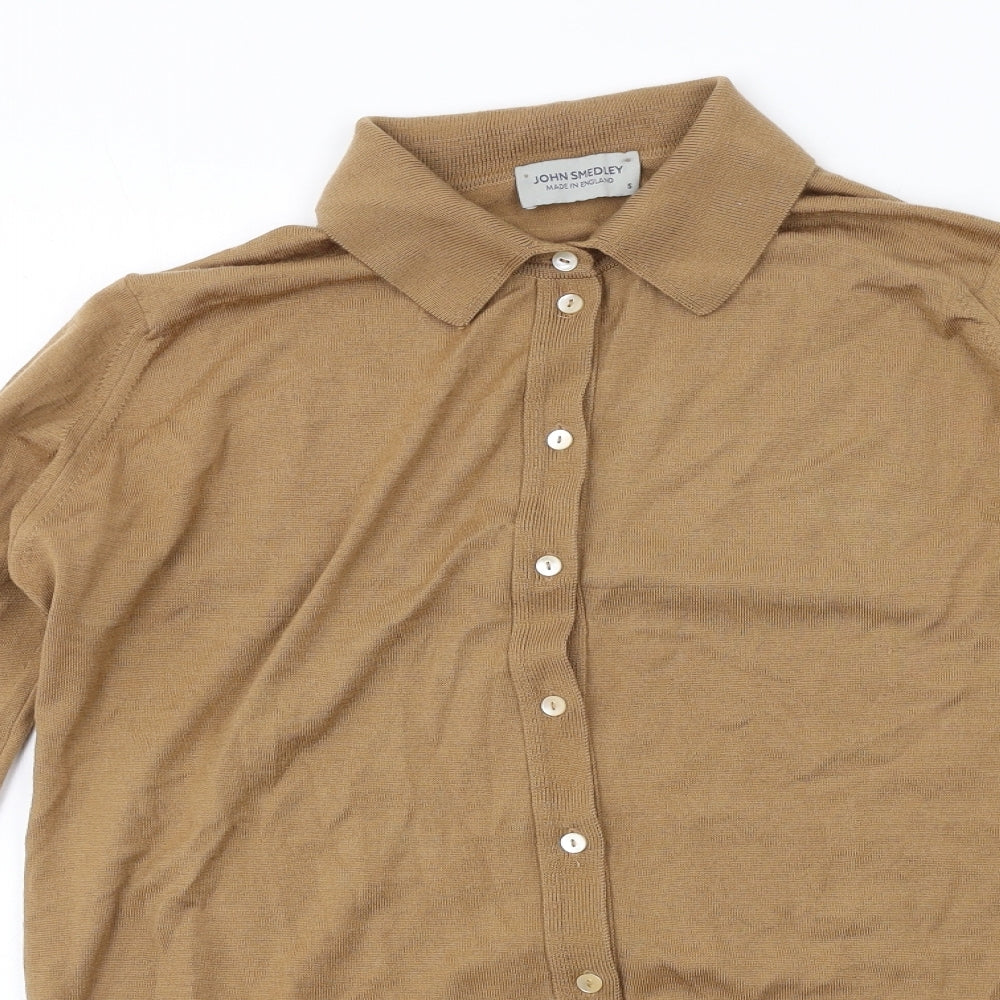 John Smedley Mens Brown Collared Wool Cardigan Jumper Size S Long Sleeve