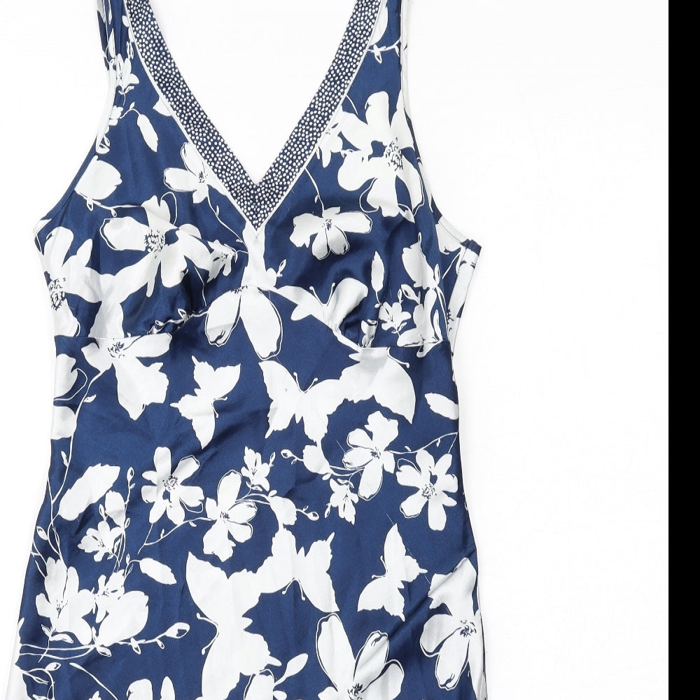 Per Una Womens Blue Floral Polyester Tank Dress Size 8 V-Neck Pullover