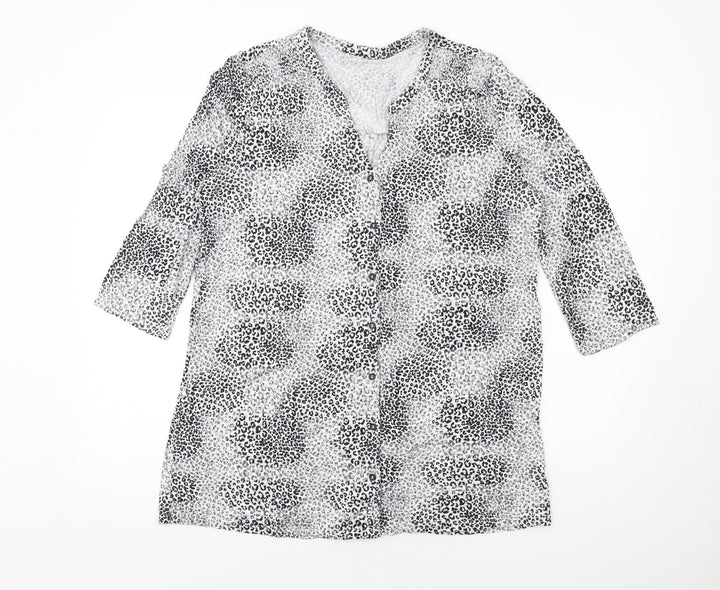 Bonmarché Womens White Animal Print Viscose Basic Button-Up Size 16 V-Neck