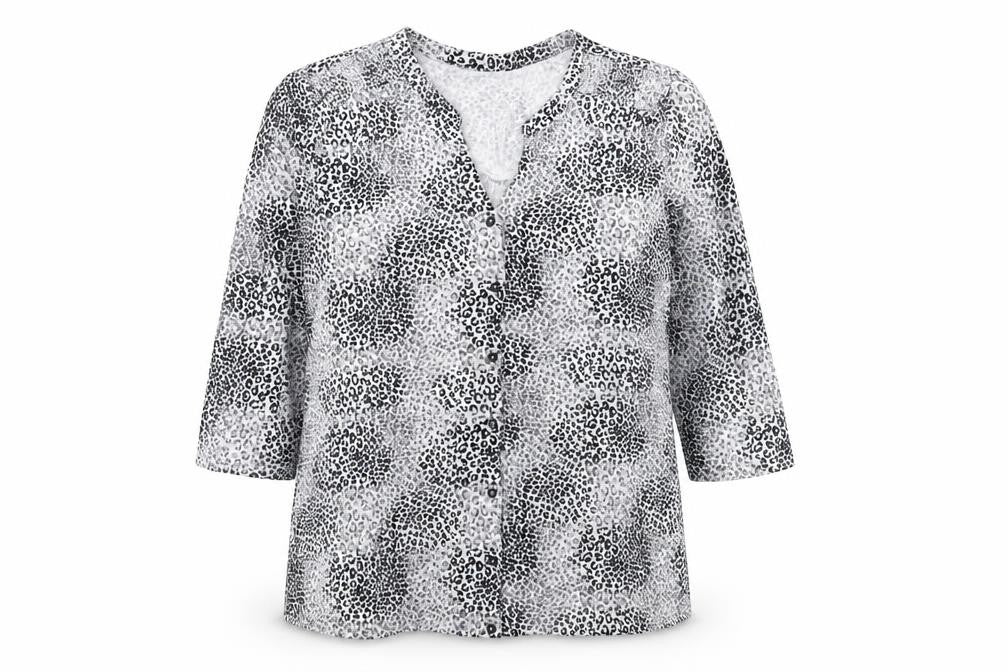Front view of Bonmarché women’s white animal print viscose basic button-up, size UK 16, v-neck