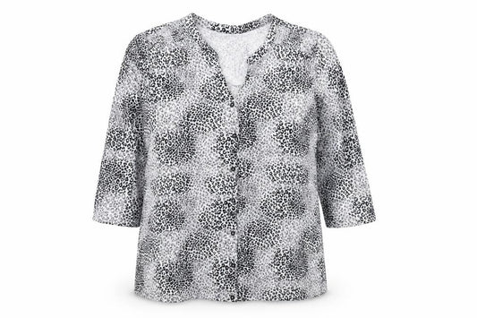 Front view of Bonmarché women’s white animal print viscose basic button-up, size UK 16, v-neck