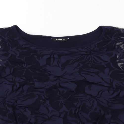 Roman Womens Blue Floral Polyester Basic Blouse Size 12 Round Neck