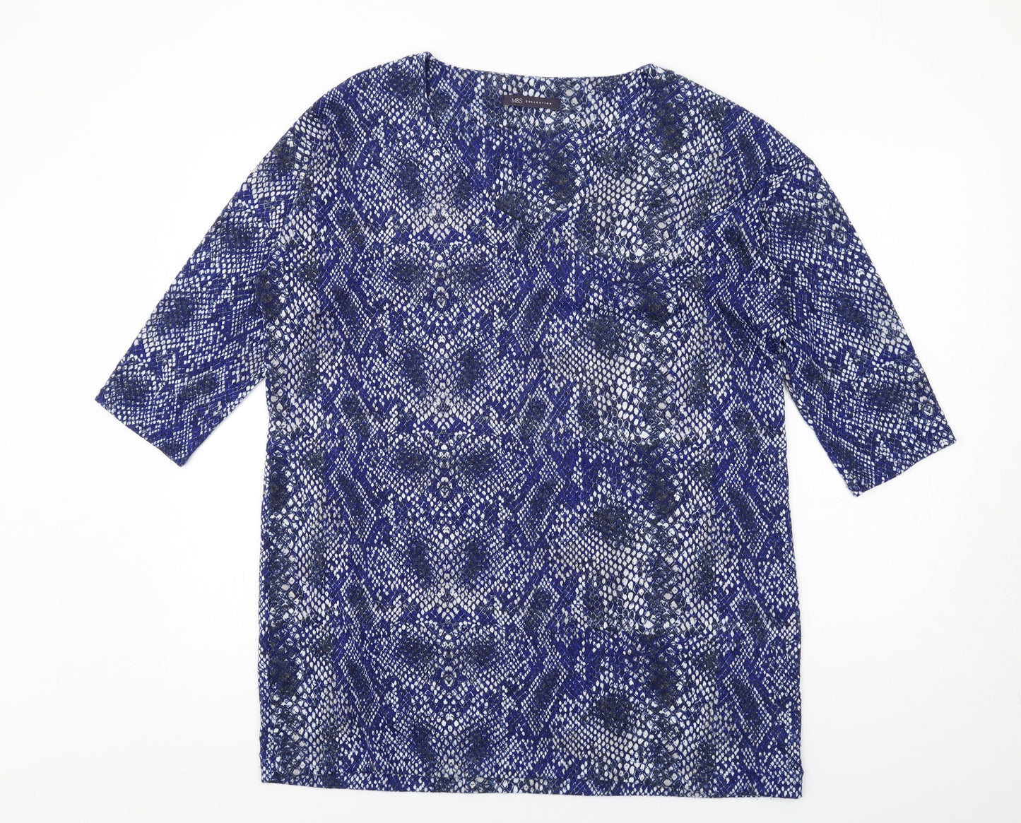 Marks and Spencer Womens Blue Animal Print Polyester Basic T-Shirt Size 18 V-Neck - Snakeskin Pattern