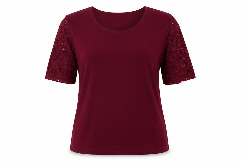Front view of Nina Leonard women’s red polyester basic blouse, size M, round neck
