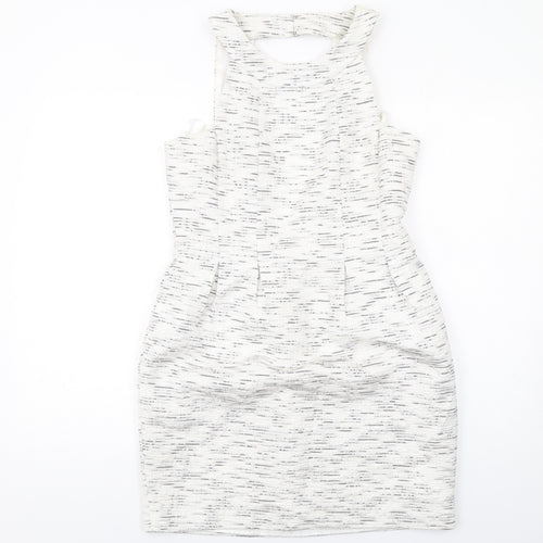 Coleen Womens White Geometric Polyester Shift Size 12 Round Neck Zip