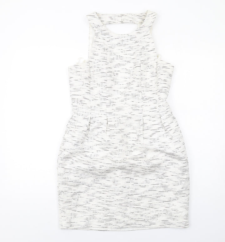 Coleen Womens White Geometric Polyester Shift Size 12 Round Neck Zip