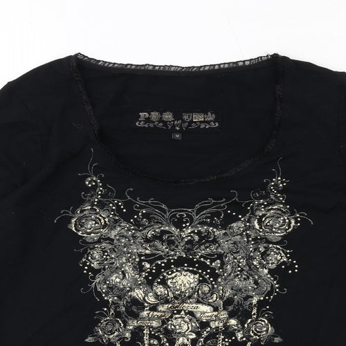 Per Una Womens Black Viscose Basic T-Shirt Size 12 Scoop Neck - Embellished