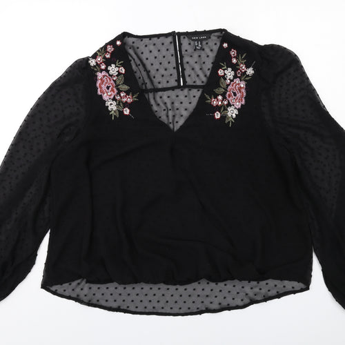 New Look Womens Black Polyester Basic Blouse Size 16 V-Neck - Floral Detail