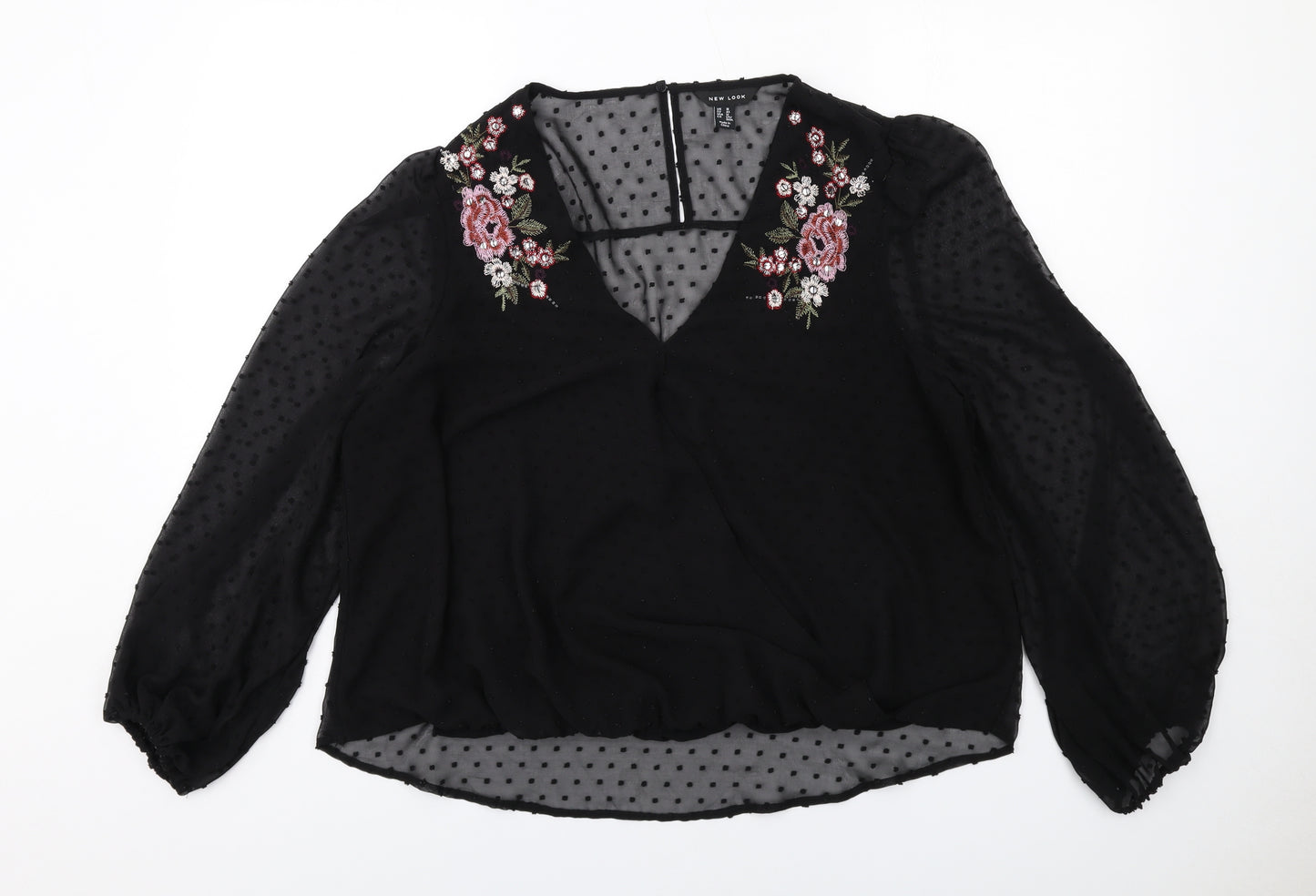 New Look Womens Black Polyester Basic Blouse Size 16 V-Neck - Floral Detail
