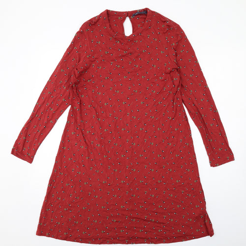Marks and Spencer Womens Red Geometric Viscose A-Line Size 16 Round Neck Button
