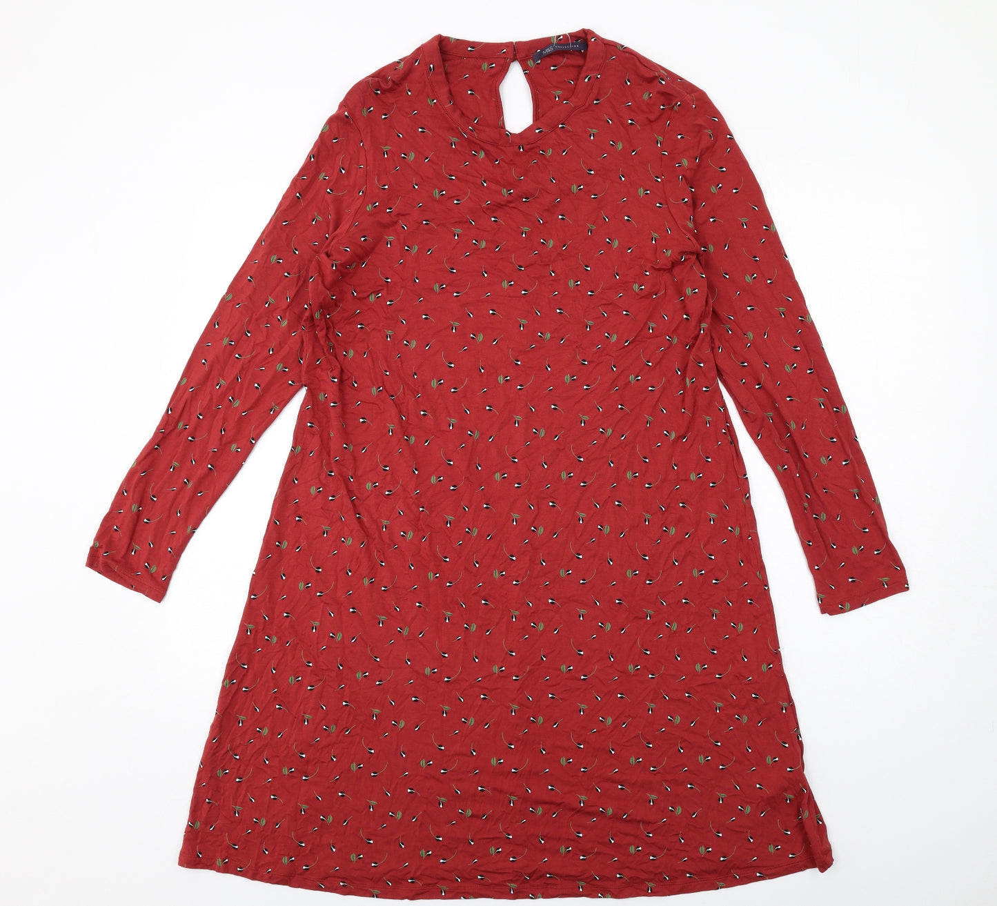 Marks and Spencer Womens Red Geometric Viscose A-Line Size 16 Round Neck Button