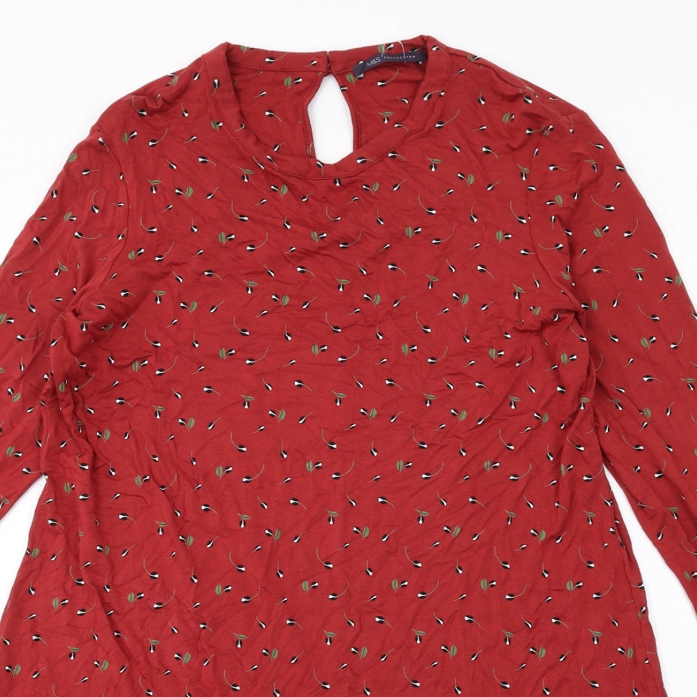 Marks and Spencer Womens Red Geometric Viscose A-Line Size 16 Round Neck Button