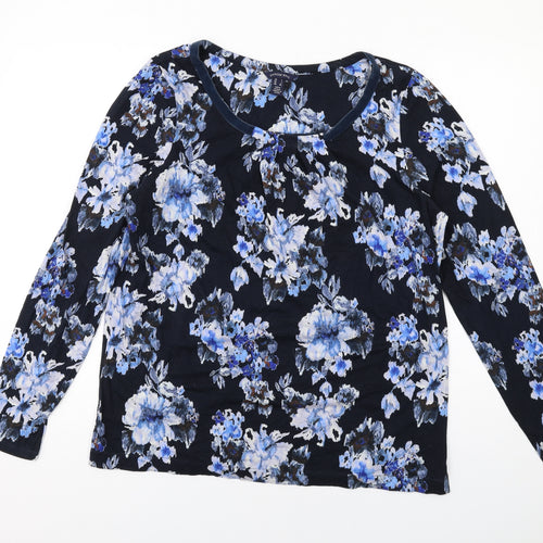Lands' End Womens Blue Floral Cotton Basic T-Shirt Size L Round Neck