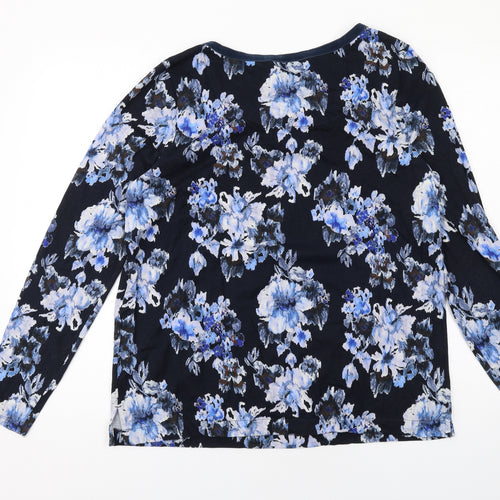 Lands' End Womens Blue Floral Cotton Basic T-Shirt Size L Round Neck