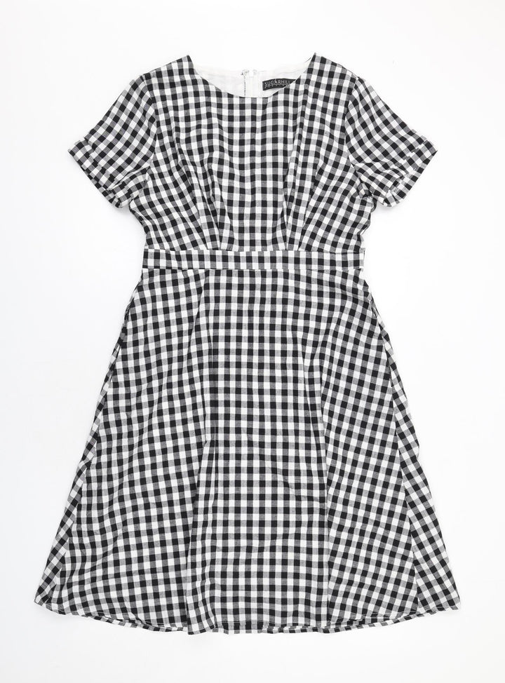 Sugarhill Womens Black Gingham Cotton A-Line Size 12 Round Neck Zip