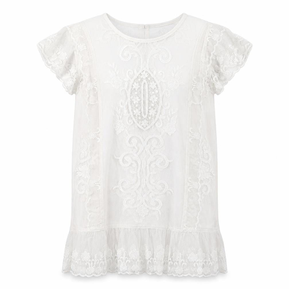 Front view of Very women’s white polyester t-shirt dress, size UK 10, round neck pullover
