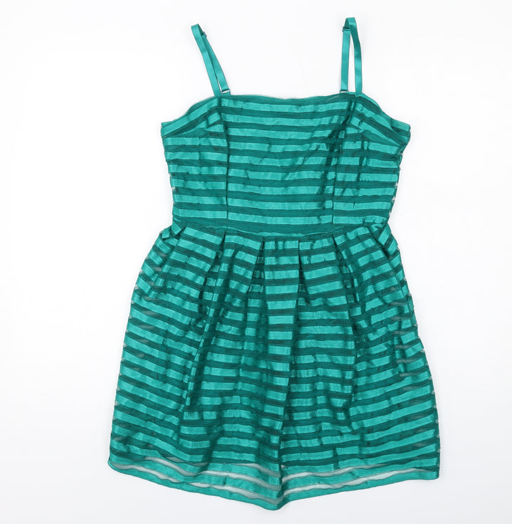 H&M Womens Green Striped Polyester Mini Size M Square Neck Zip