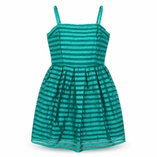 Front view of H&M women’s green striped polyester mini, size M, square neck zip
