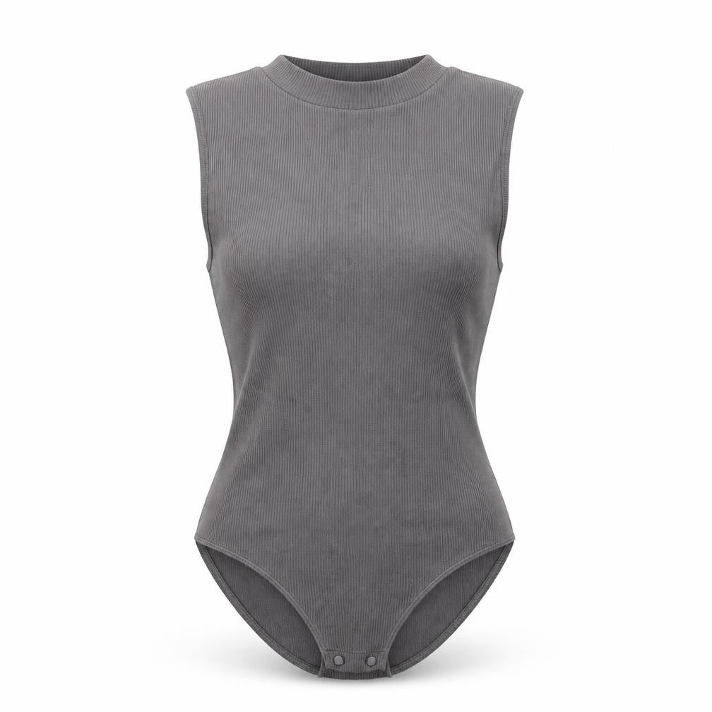 Front view of Stradivarius women’s grey polyamide bodysuit one-piece, size M, snap