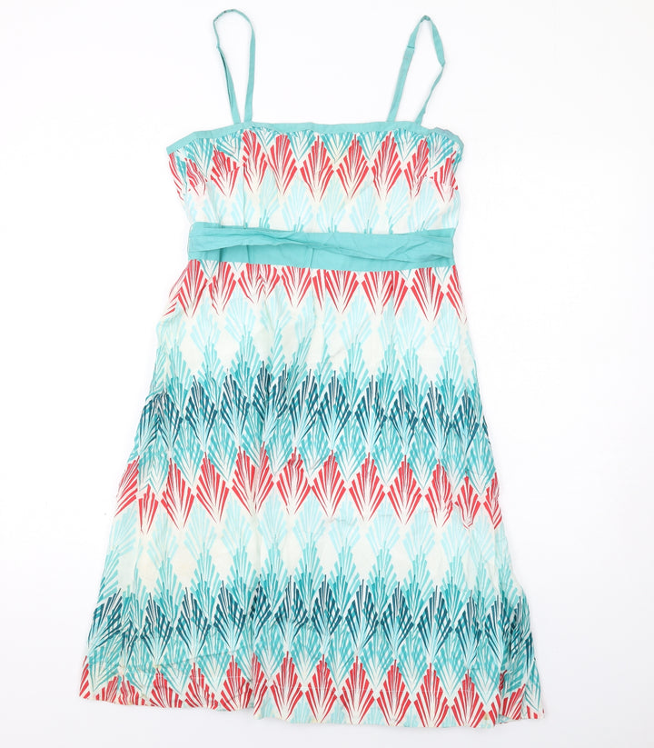Monsoon Womens Multicoloured Geometric Cotton Slip Dress Size 12 Square Neck Zip