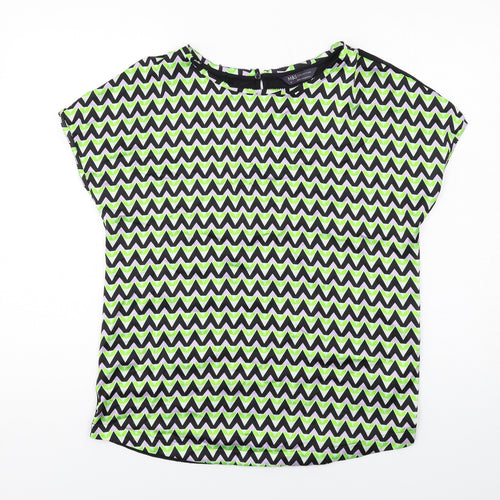 Marks and Spencer Womens Multicoloured Geometric Polyester Basic T-Shirt Size 10 Boat Neck