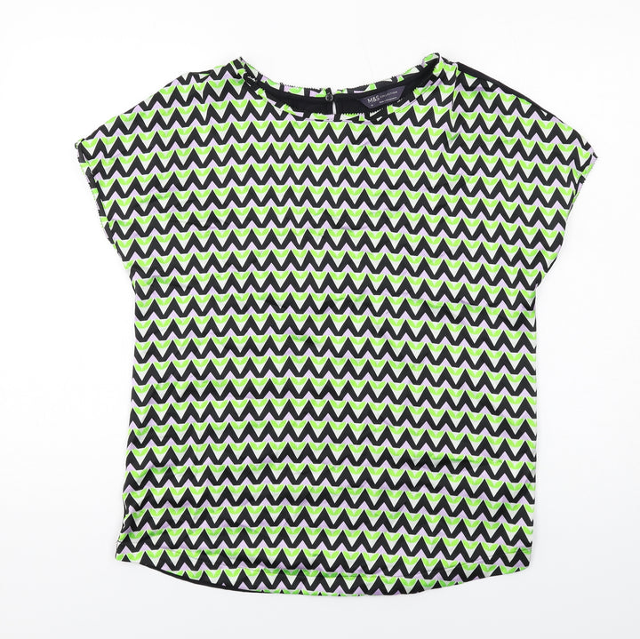 Marks and Spencer Womens Multicoloured Geometric Polyester Basic T-Shirt Size 10 Boat Neck