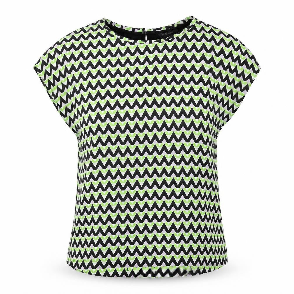 Front view of Marks & Spencer women’s multicoloured geometric polyester basic t-shirt, size UK 10, boat neck