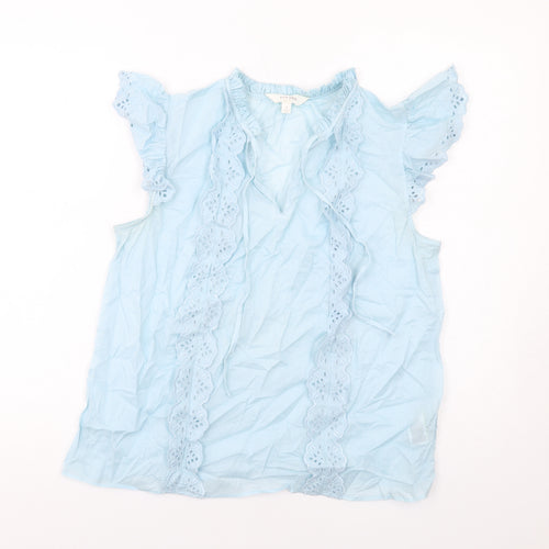Per Una Womens Blue Cotton Basic Blouse Size 12 V-Neck - Broderie Anglaise Details