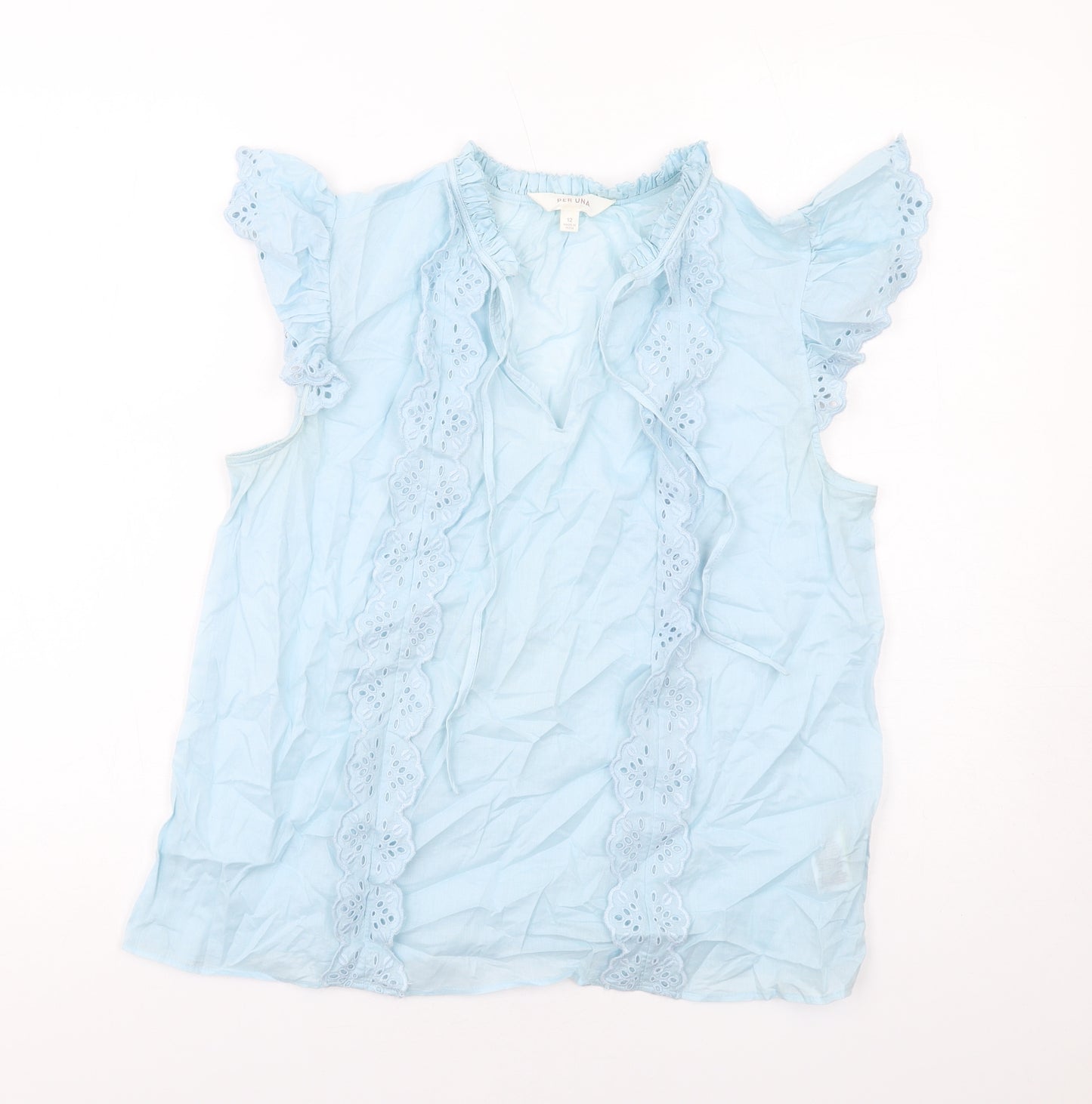 Per Una Womens Blue Cotton Basic Blouse Size 12 V-Neck - Broderie Anglaise Details