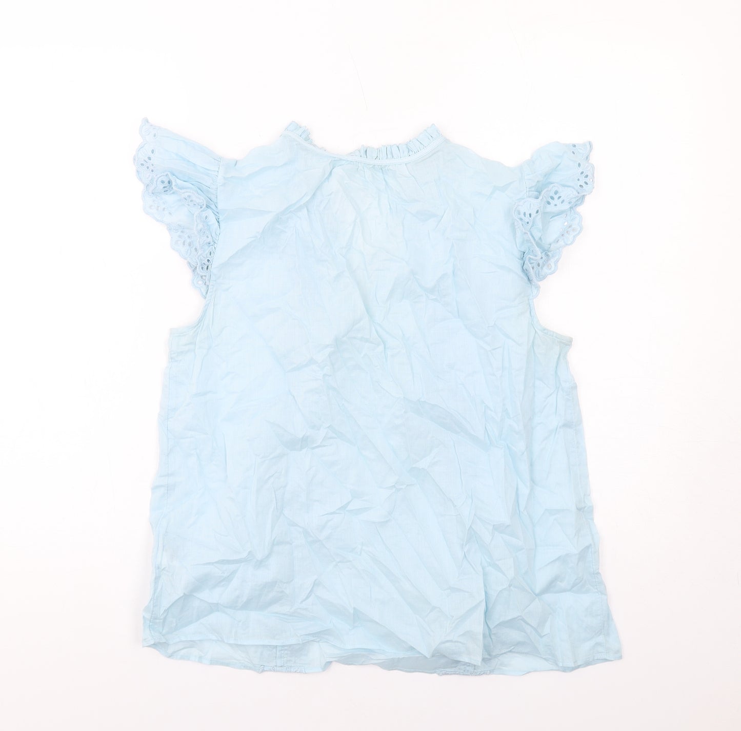 Per Una Womens Blue Cotton Basic Blouse Size 12 V-Neck - Broderie Anglaise Details