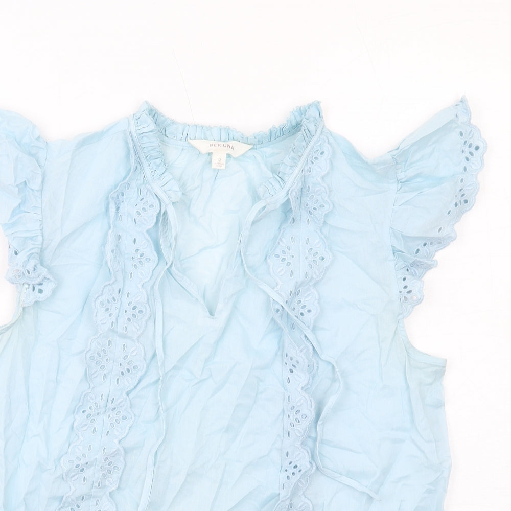 Per Una Womens Blue Cotton Basic Blouse Size 12 V-Neck - Broderie Anglaise Details