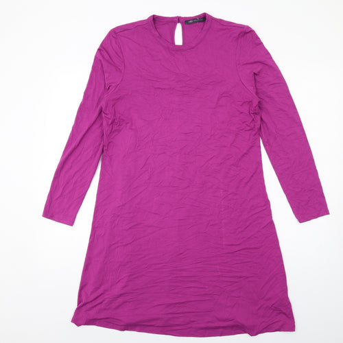Marks and Spencer Womens Purple Viscose Jumper Dress Size 14 Crew Neck Button