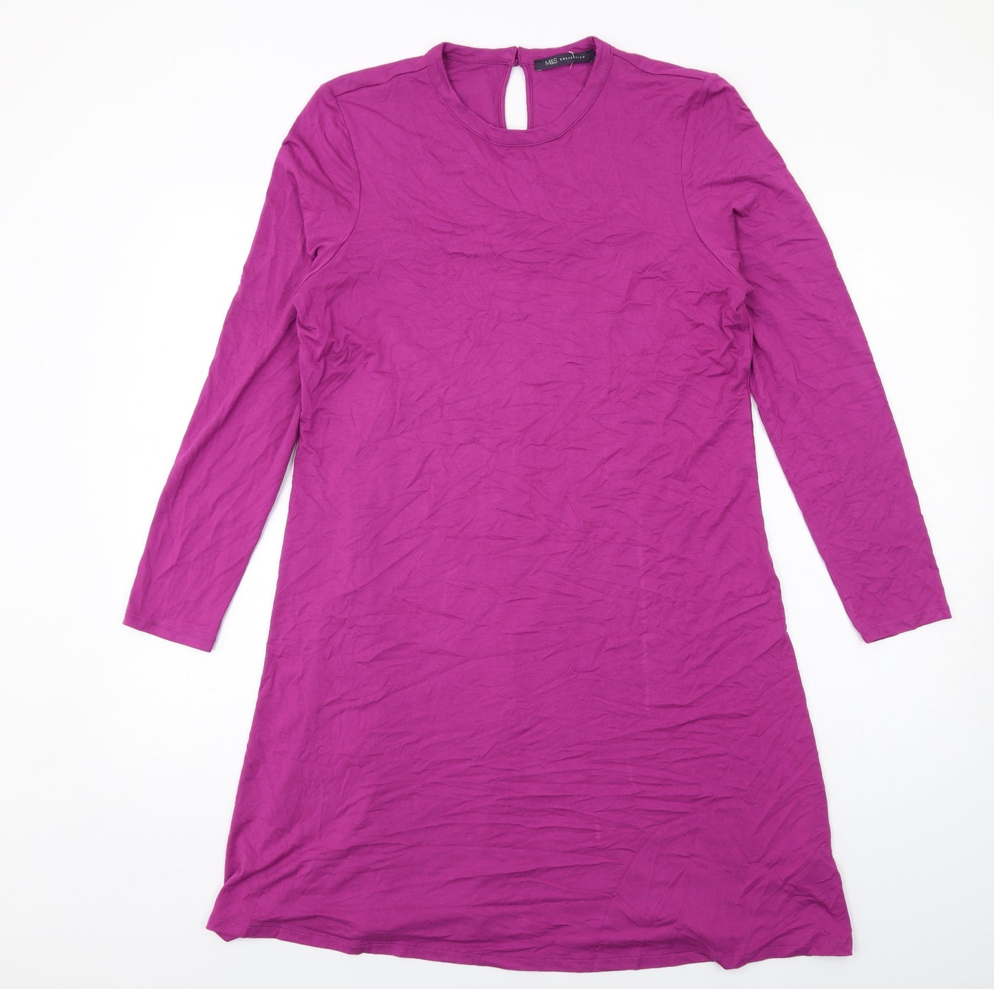 Marks and Spencer Womens Purple Viscose Jumper Dress Size 14 Crew Neck Button
