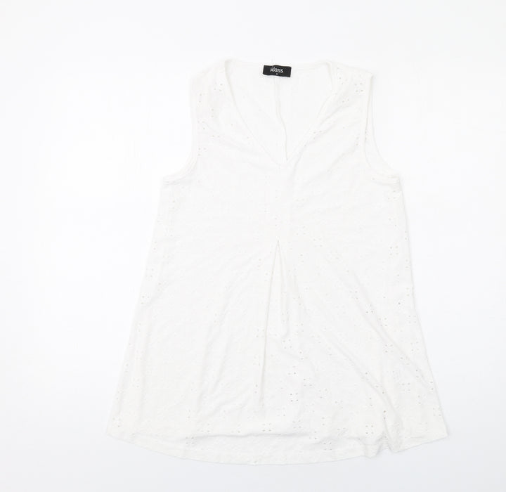 Klass Womens White Polyester Basic Tank Size S V-Neck - Broderie Anglaise Details