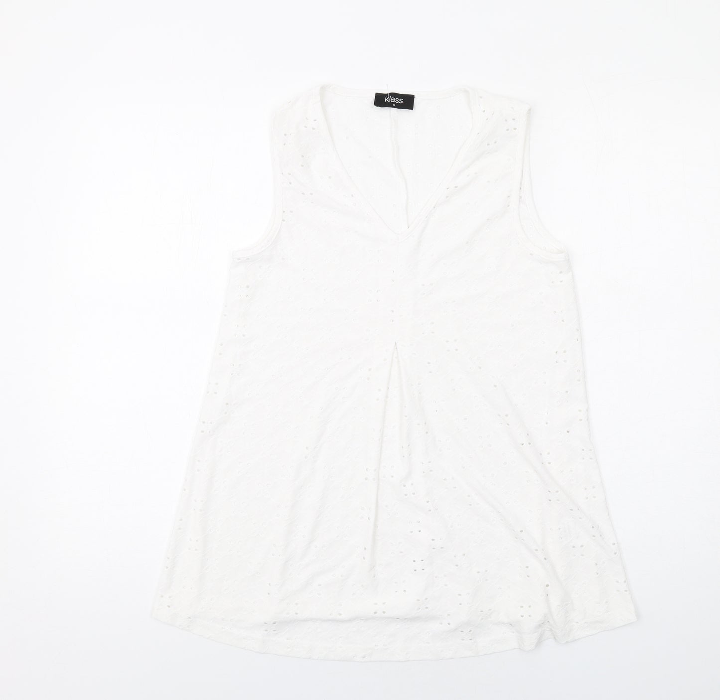 Klass Womens White Polyester Basic Tank Size S V-Neck - Broderie Anglaise Details