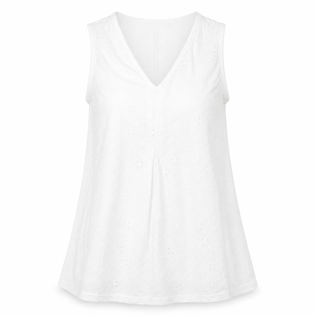Front view of Klass women’s white polyester basic tank, size S, v-neck - broderie anglaise details