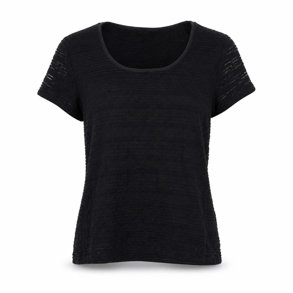 Front view of Precis women’s black nylon basic t-shirt, size M, scoop neck