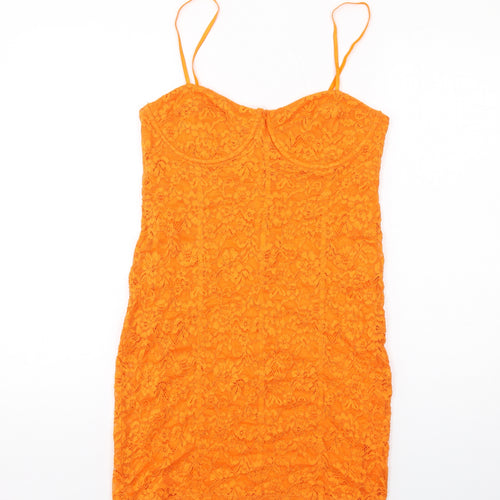Zara Womens Orange Floral Polyester Bodycon Size L Sweetheart Zip