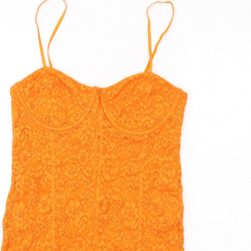 Zara Womens Orange Floral Polyester Bodycon Size L Sweetheart Zip