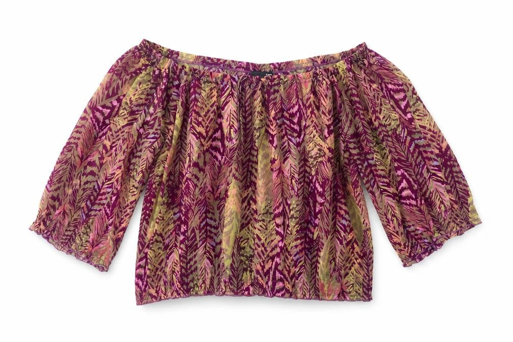 Front view of H&M women’s multicoloured animal print polyester basic blouse, size S, off the shoulder