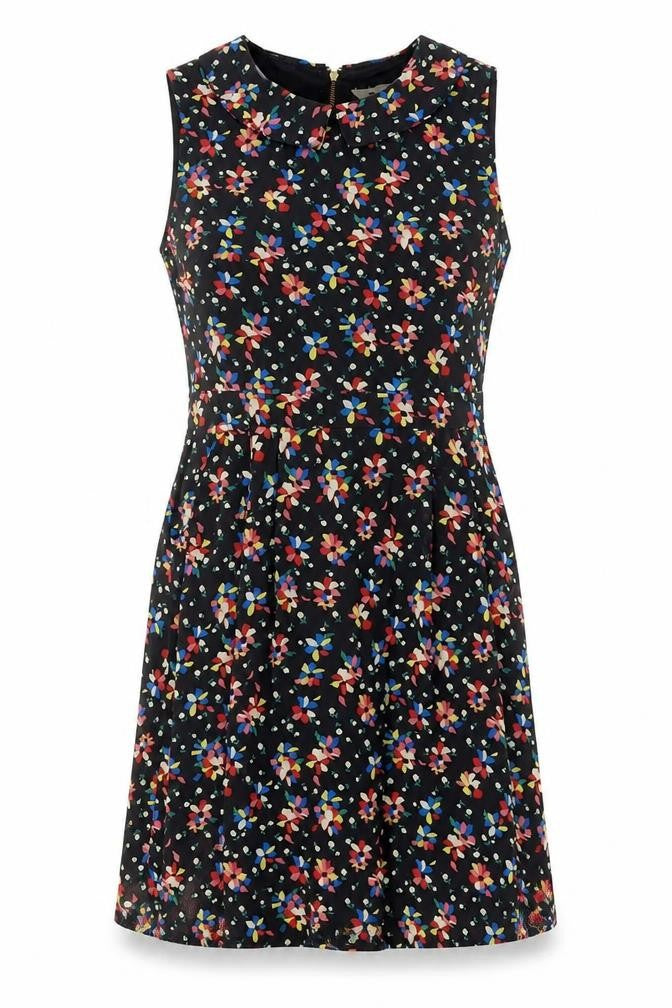 Front view of Yumi women’s black geometric polyester shift, size UK 10, round neck zip