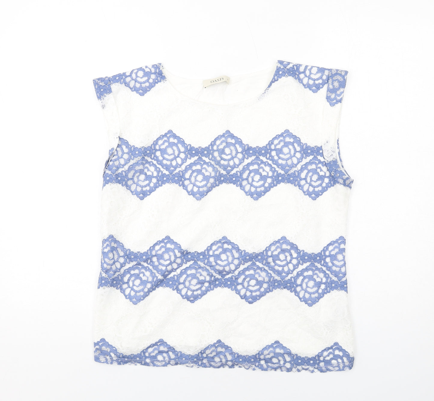Oasis Womens Blue Geometric Polyester Basic Blouse Size M Round Neck