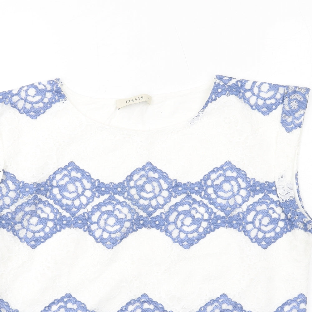 Oasis Womens Blue Geometric Polyester Basic Blouse Size M Round Neck