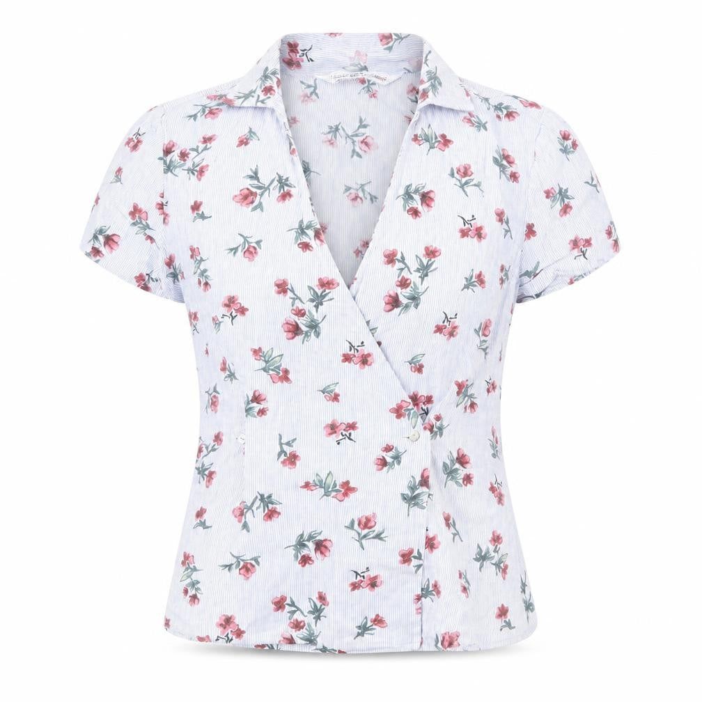 Front view of Zara women’s blue striped linen wrap blouse, size S, collared - flower pattern