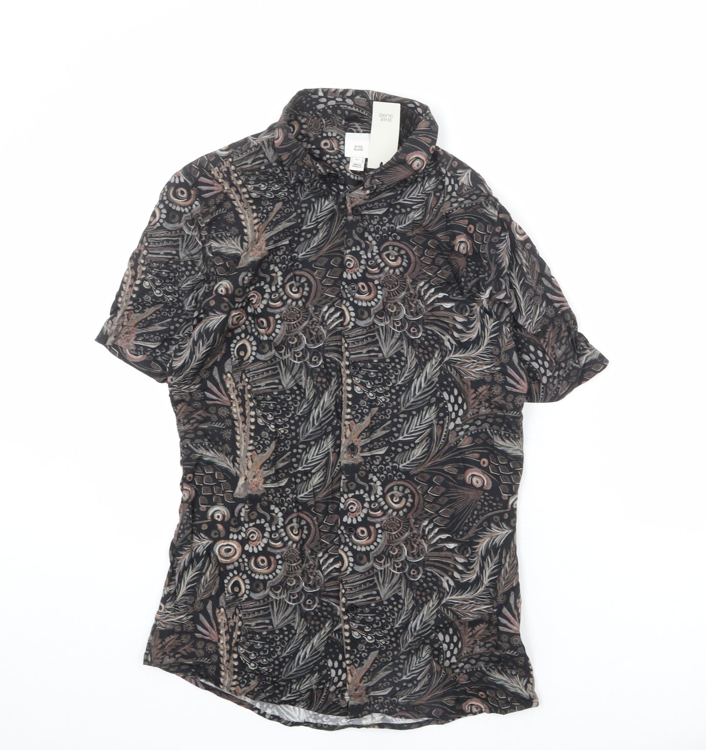 River Island Mens Multicoloured Geometric Viscose Button-Up Size XS Collared Button