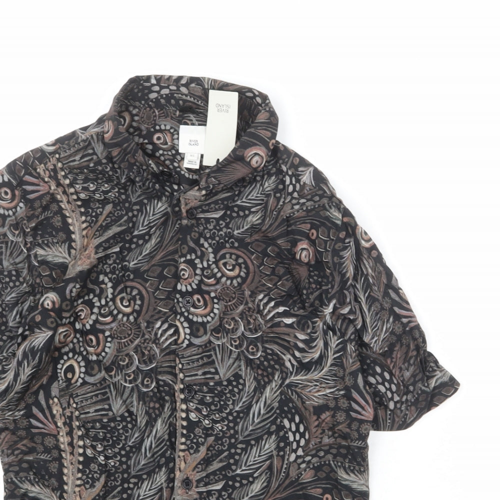 River Island Mens Multicoloured Geometric Viscose Button-Up Size XS Collared Button