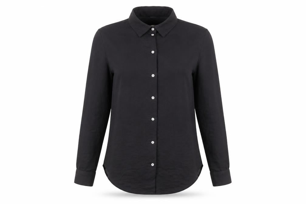 Front view of River Island women’s black polyester basic button-up, size UK 10, collared