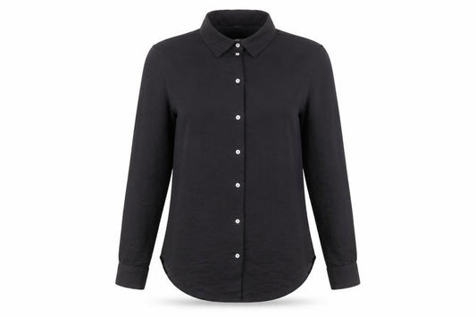 Front view of River Island women’s black polyester basic button-up, size UK 10, collared
